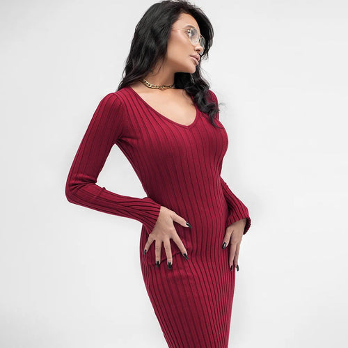 Knit dress for women with deep V-neckline and elegant ribbed details Amarae