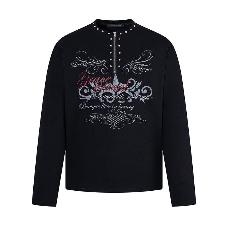 Women's long sleeve shirt with half zipper, studded collar and baroque text print Amarae