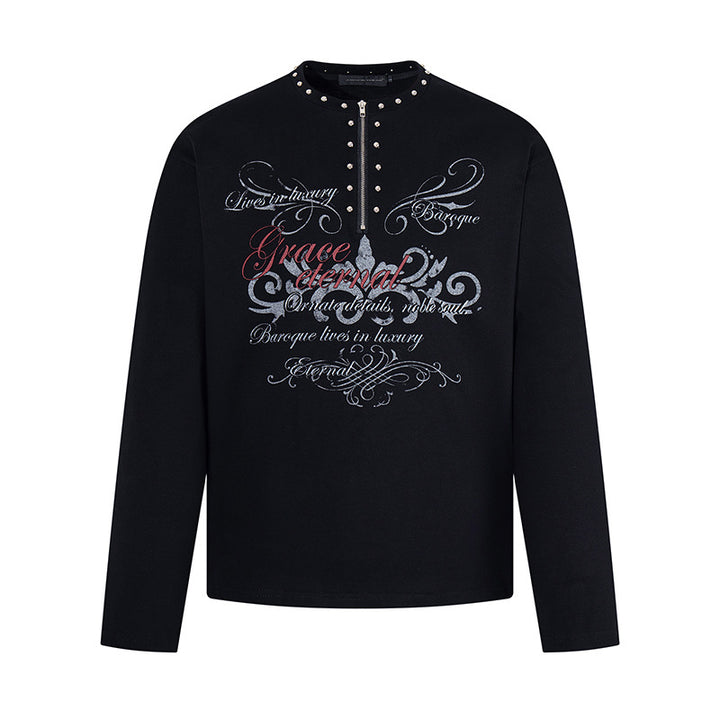 Women's long sleeve shirt with half zipper, studded collar and baroque text print Amarae