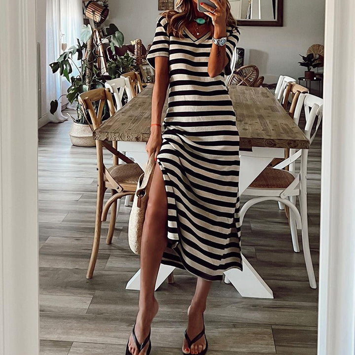 Maxi dress for women with deep side slit and trendy striped pattern Lune London