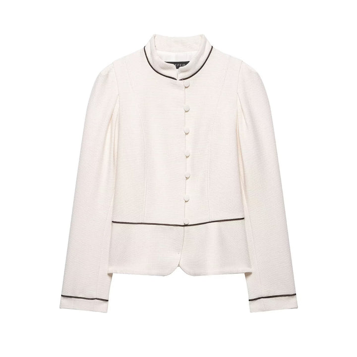 Ladies short blazer in bouclé look with stand-up collar, decorative piping and covered buttons Amarae