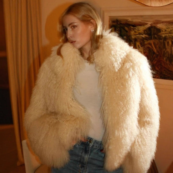Women's Boxy Faux Fur Bomber Jacket with Curly Lambskin Look and Extra Volume Amarae