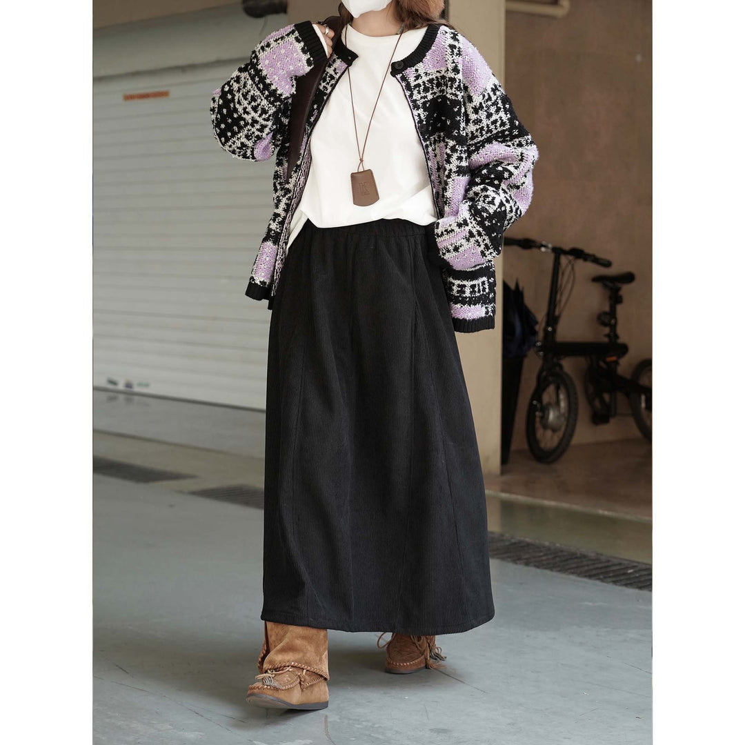 Women's Long Cord Skirt with High Elastic Waist and A-Line Silhouette Amarae