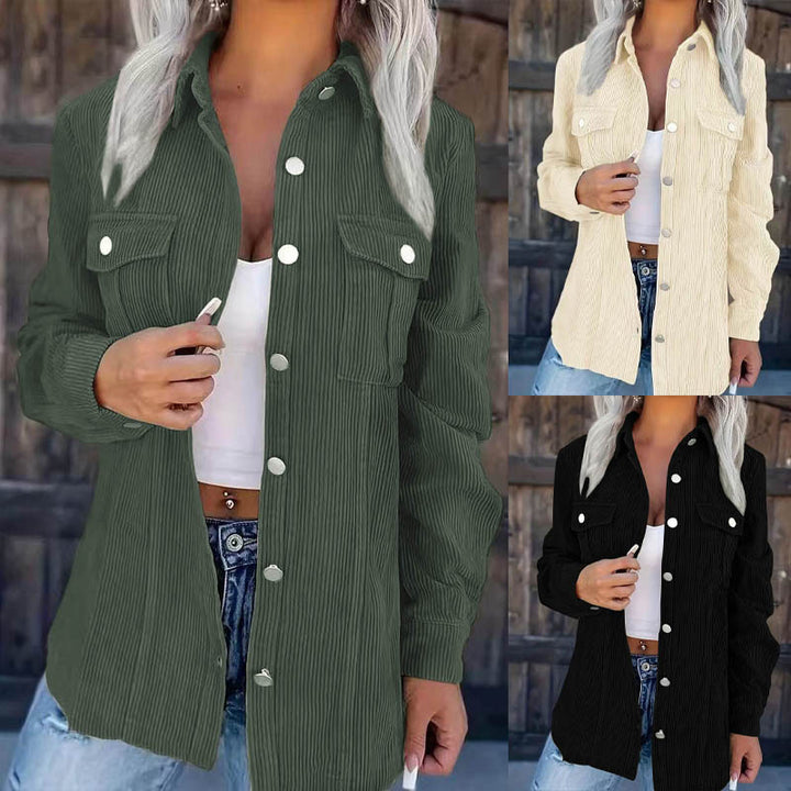 Shirt jacket women in fine structured fabric with applied pockets and snap button closure Lune London