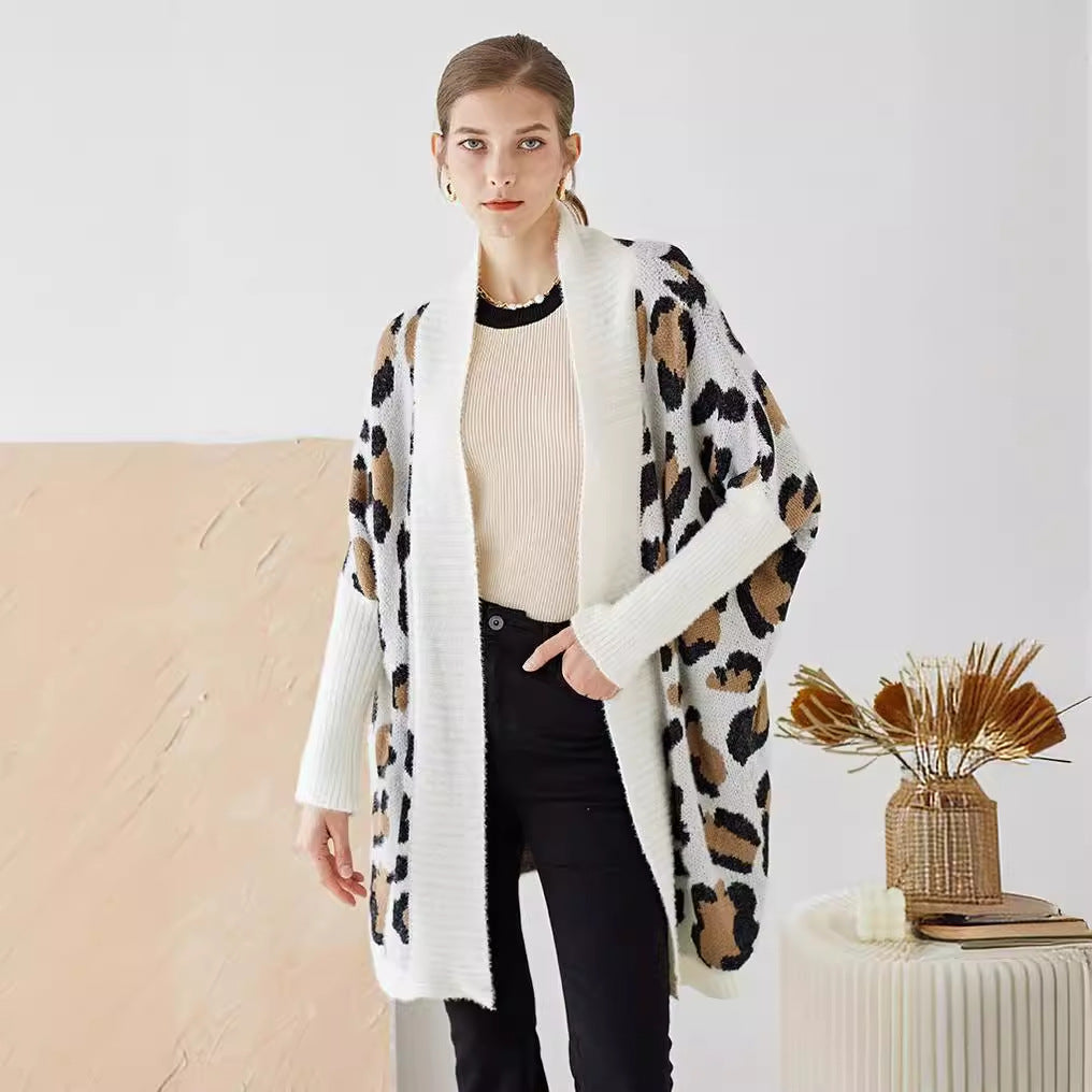 Ladies lightweight knitted cardigan with a modern leopard pattern and an open front Lune London
