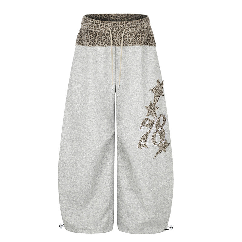 Women Extra Wide Palazzo Lounge Pants with High Comfort Waistband, Leopard Print Band and Decorative Star Number Appliqué Amarae