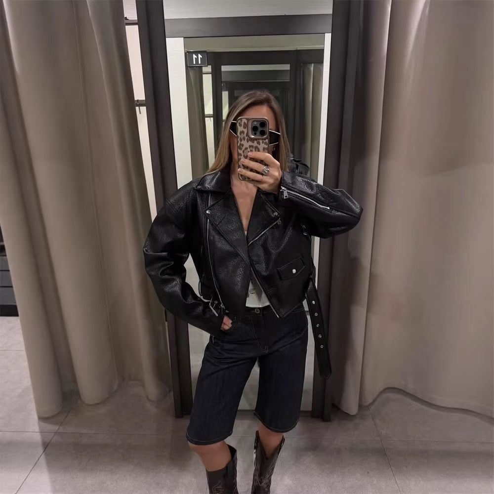 Women Short Structured Biker Jacket Made of Faux Leather Amarae