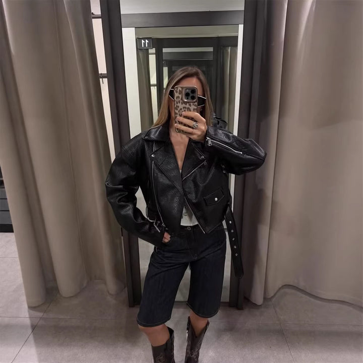Women Short Structured Biker Jacket Made of Faux Leather Amarae
