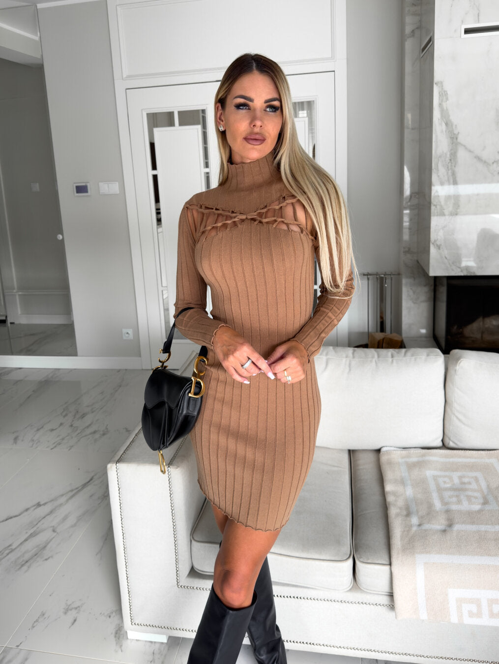Lune London women's ribbed knit high neck bodycon dress with cut-out details