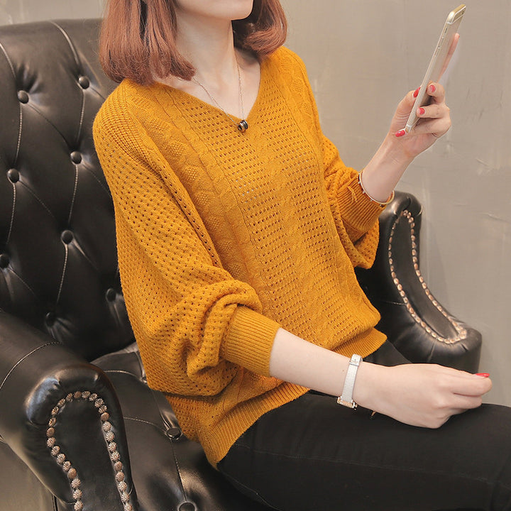 Lightweight knitted sweater for women with V-neck and openwork pattern Lune London