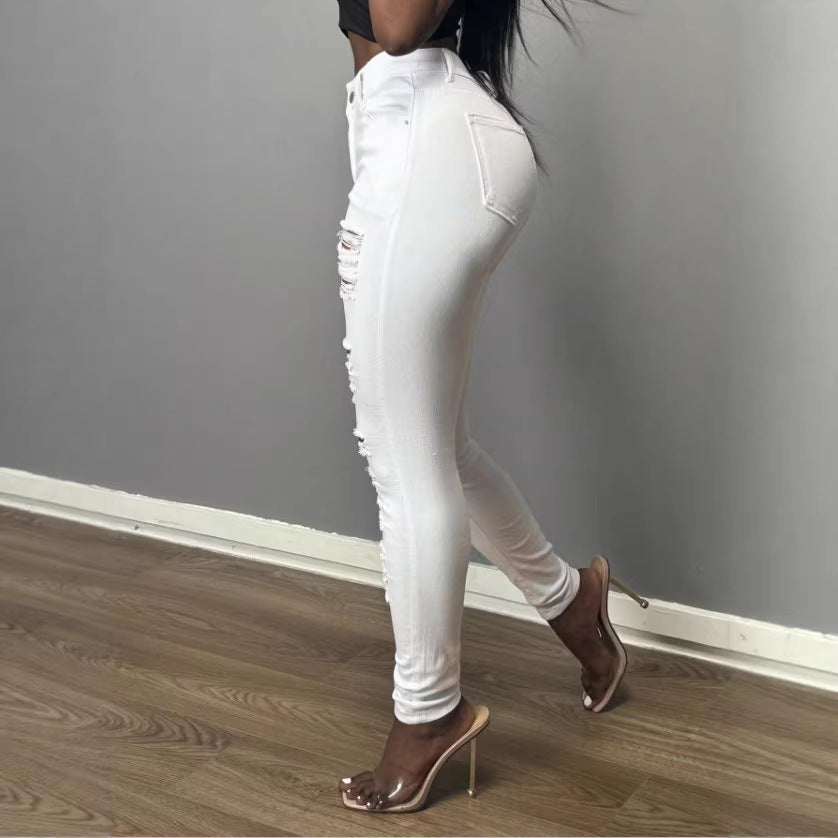 Women's High-Waisted Skinny Jeans with Asymmetrical Destruction Look and Shaping Waistband Amarae