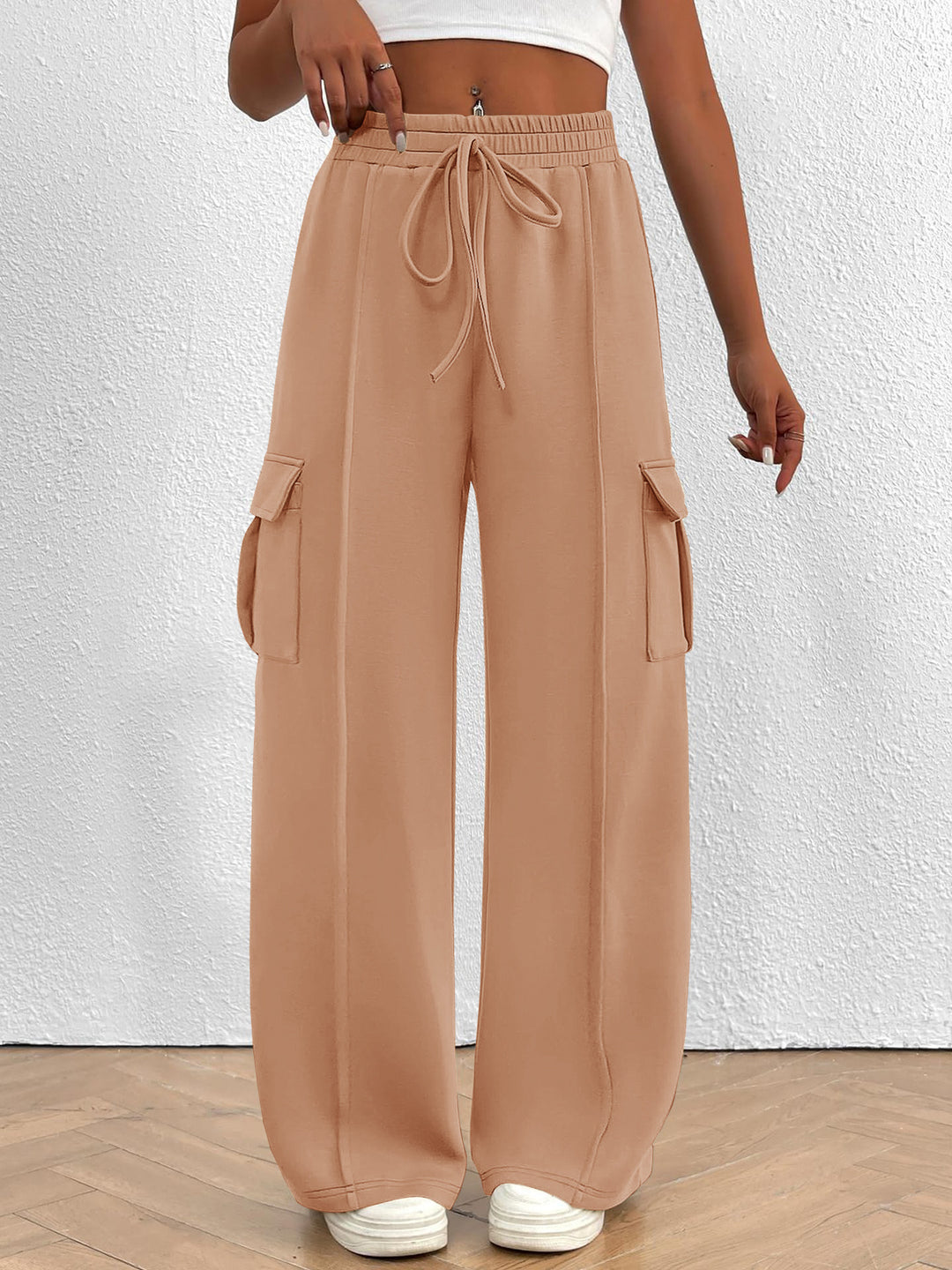 Wide cargo pants for women with elastic waist and practical pockets Lune London
