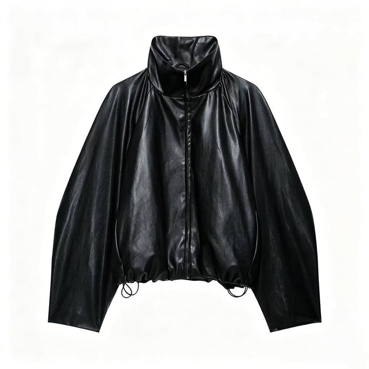 Women's Oversize Jacket in Leather Look with High Funnel Collar, Raglan Sleeves and Drawstring Hem Amarae