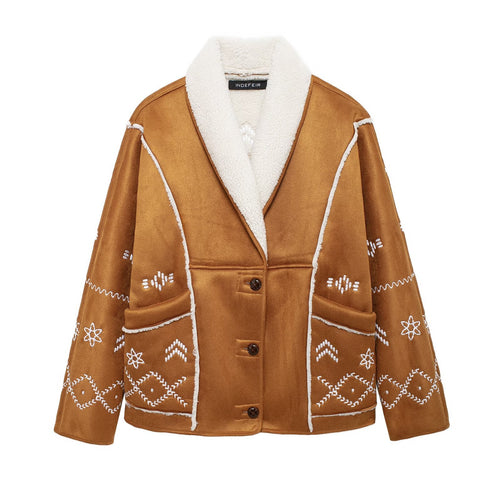 Trendy women's jacket with embroidery and elegant fur collar Amarae