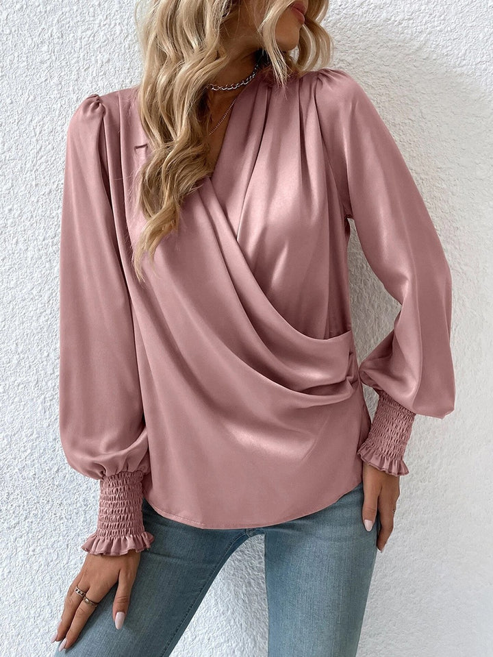 Elegant woman blouse with draped design and narrow sleeves Lune London