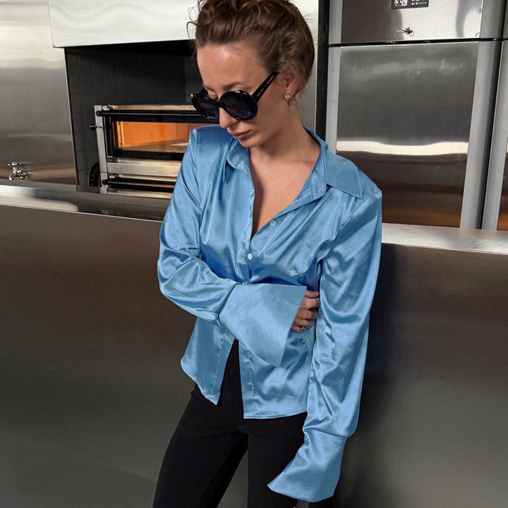 Women's Satin Shirt with Wide Collar, Extra Wide Cuffs & Relaxed Fit Amarae