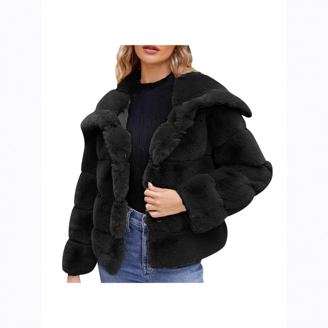 Ladies Hooded Faux Fur Fashion Jacket with Textured Design Lune London