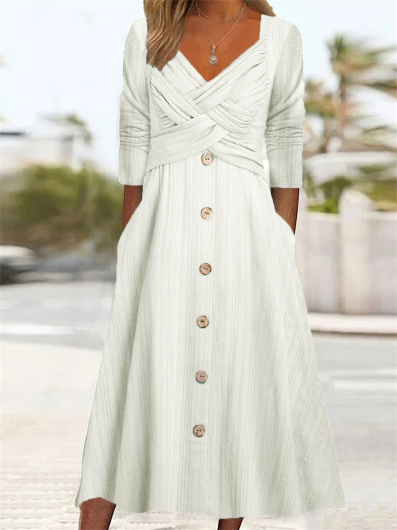 Women's button-down midi dress with elegant and stylish crossover top