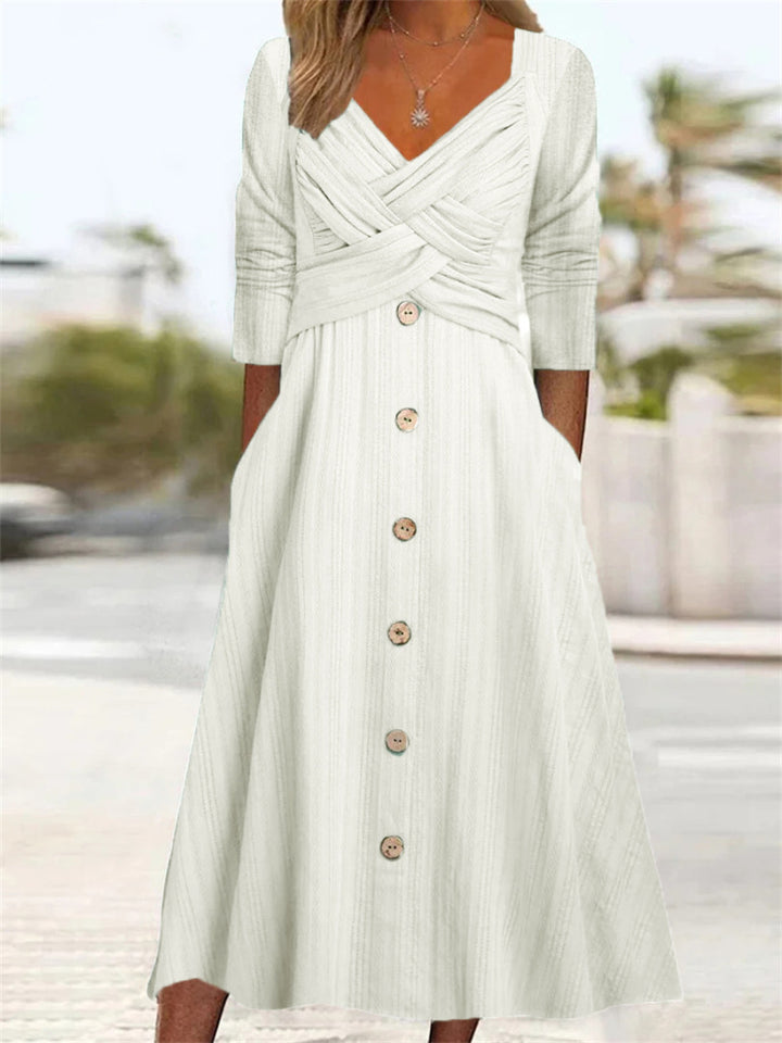 Women's button-down midi dress with elegant and stylish crossover top