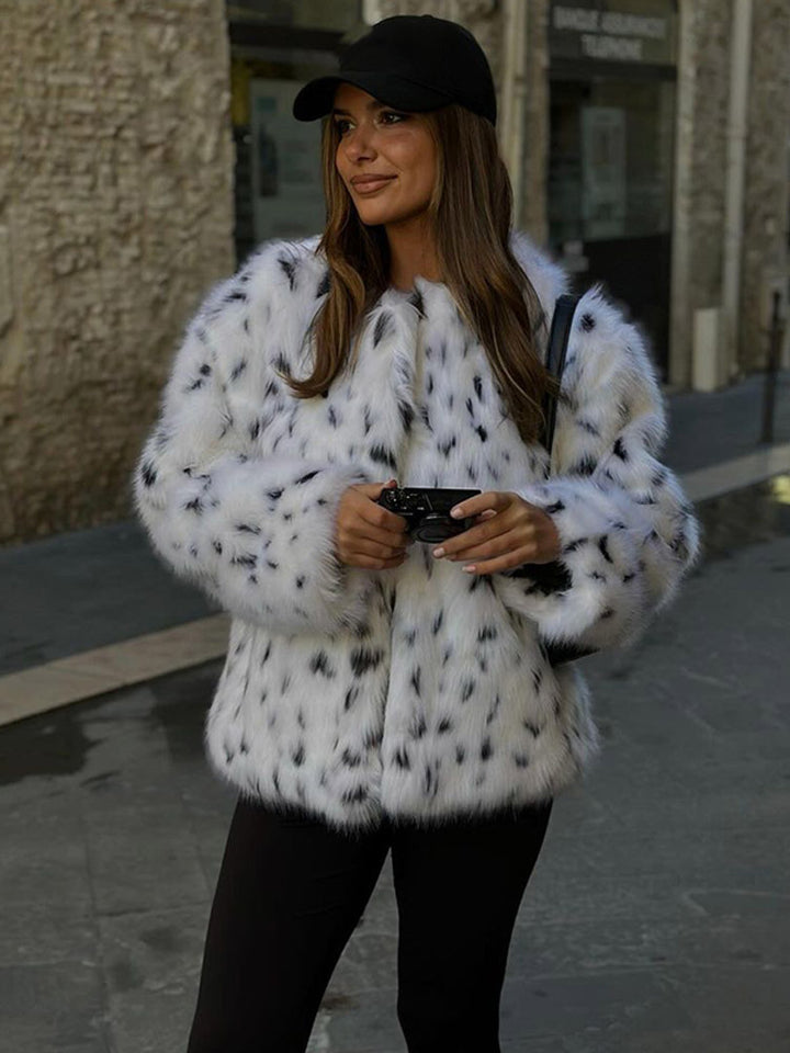 Ladies short-cut cozy faux fur blouson with Dalmatian look and concealed snap button placket Amarae