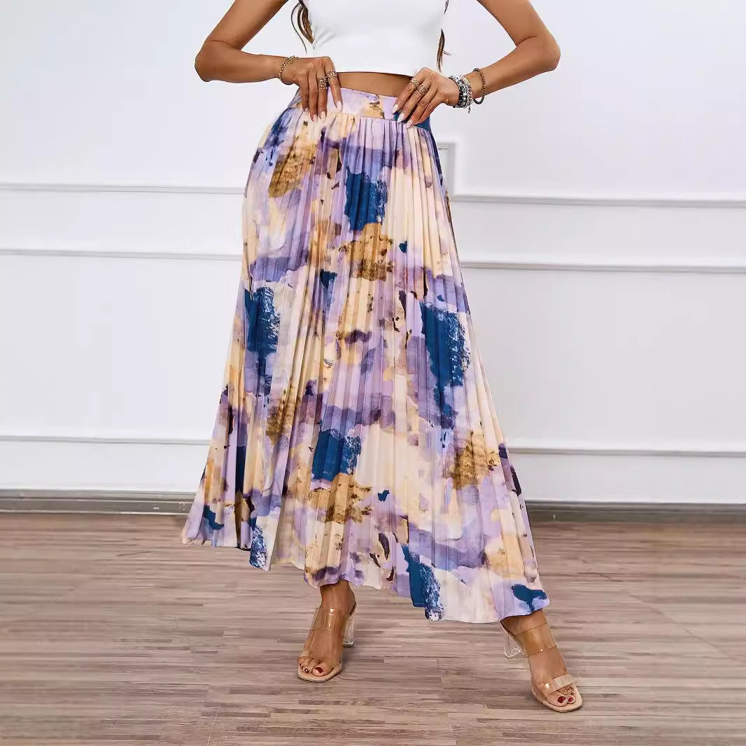 Women's pleated skirt with colorful watercolor pattern and elegant waist Lune London