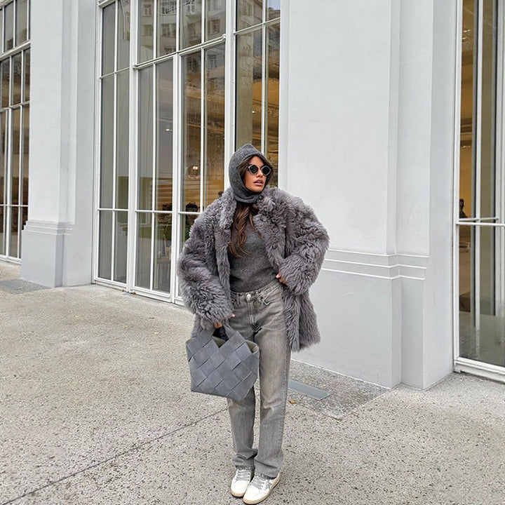Women's Short Oversize Faux Fur Coat with Voluminous Curly Texture and Button Closure Amarae