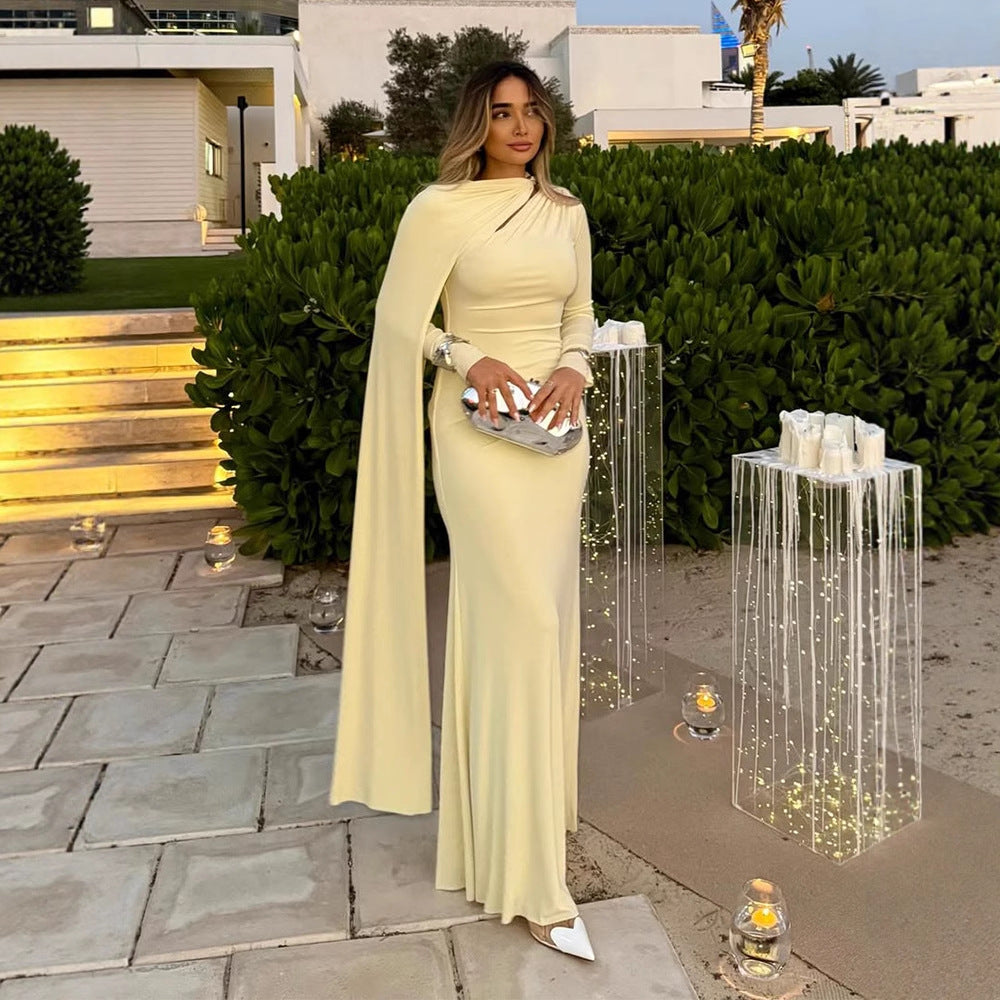 Women's Tailored Maxi Dress with Asymmetric Cape and High Collar Amarae