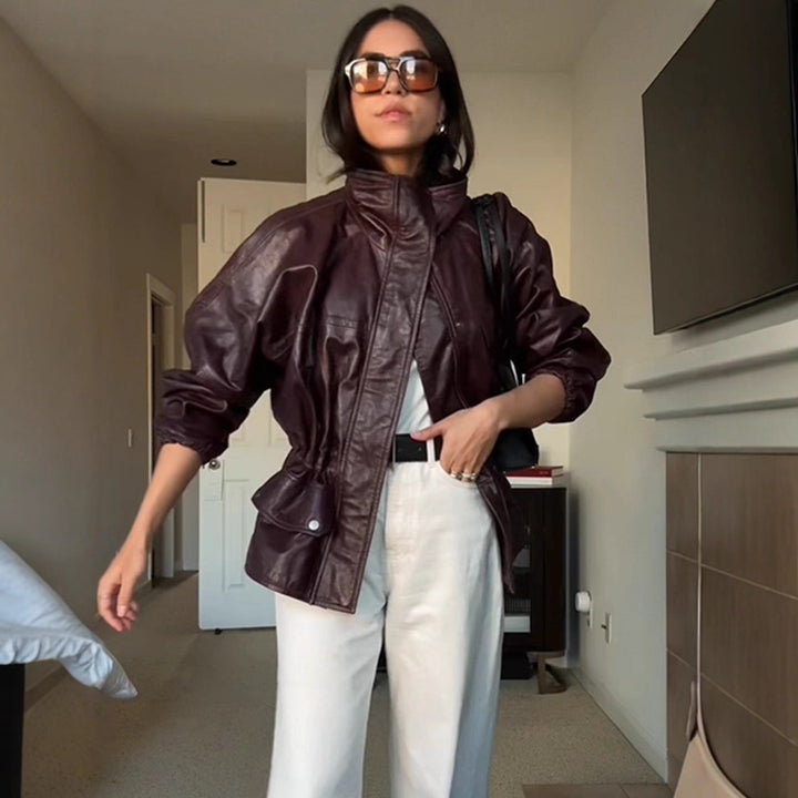 Women's Oversize Faux Leather Blouson with High Stand Collar and Waist Drawstring Amarae