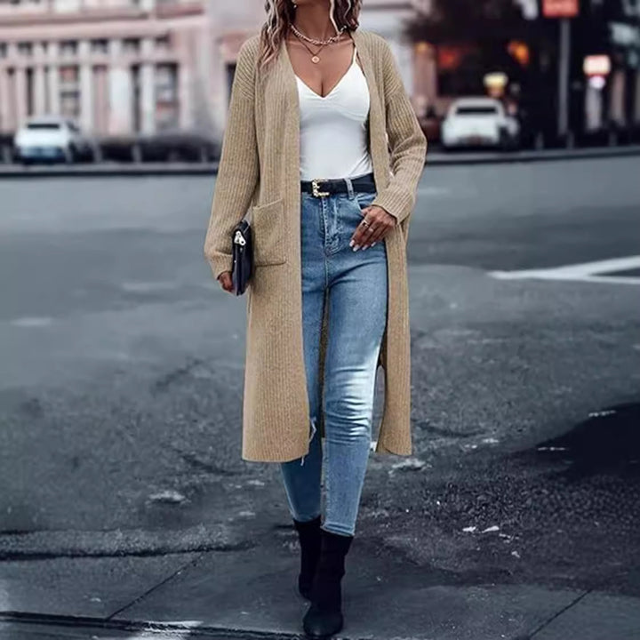 Knitted coat for women with open front parts and practical pockets Lune Londonl