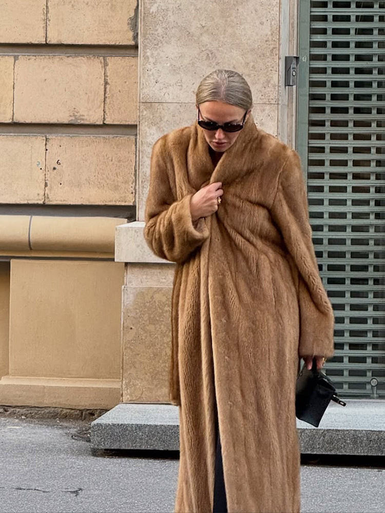Women Luxurious Long Fur Coat with Shawl Collar and Flattering Oversize Cut Amarae