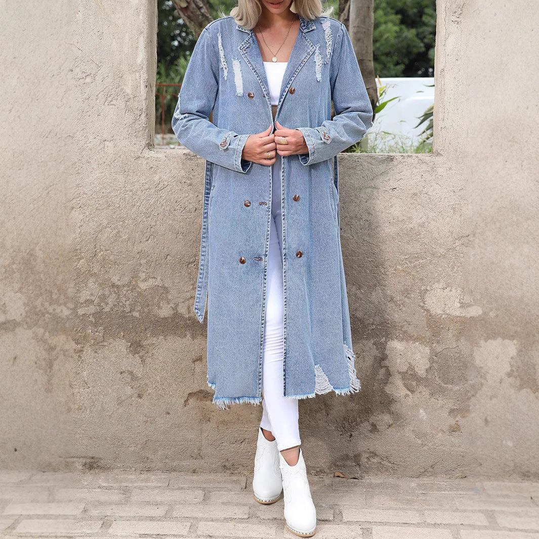 Women's Long Denim Trench Coat with Distressed Hem and Double-Breasted Button Placket Amarae
