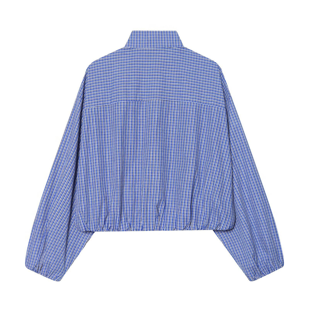 Women's checkered short-cut blouse shirt with stand collar, balloon sleeves, and drawstring