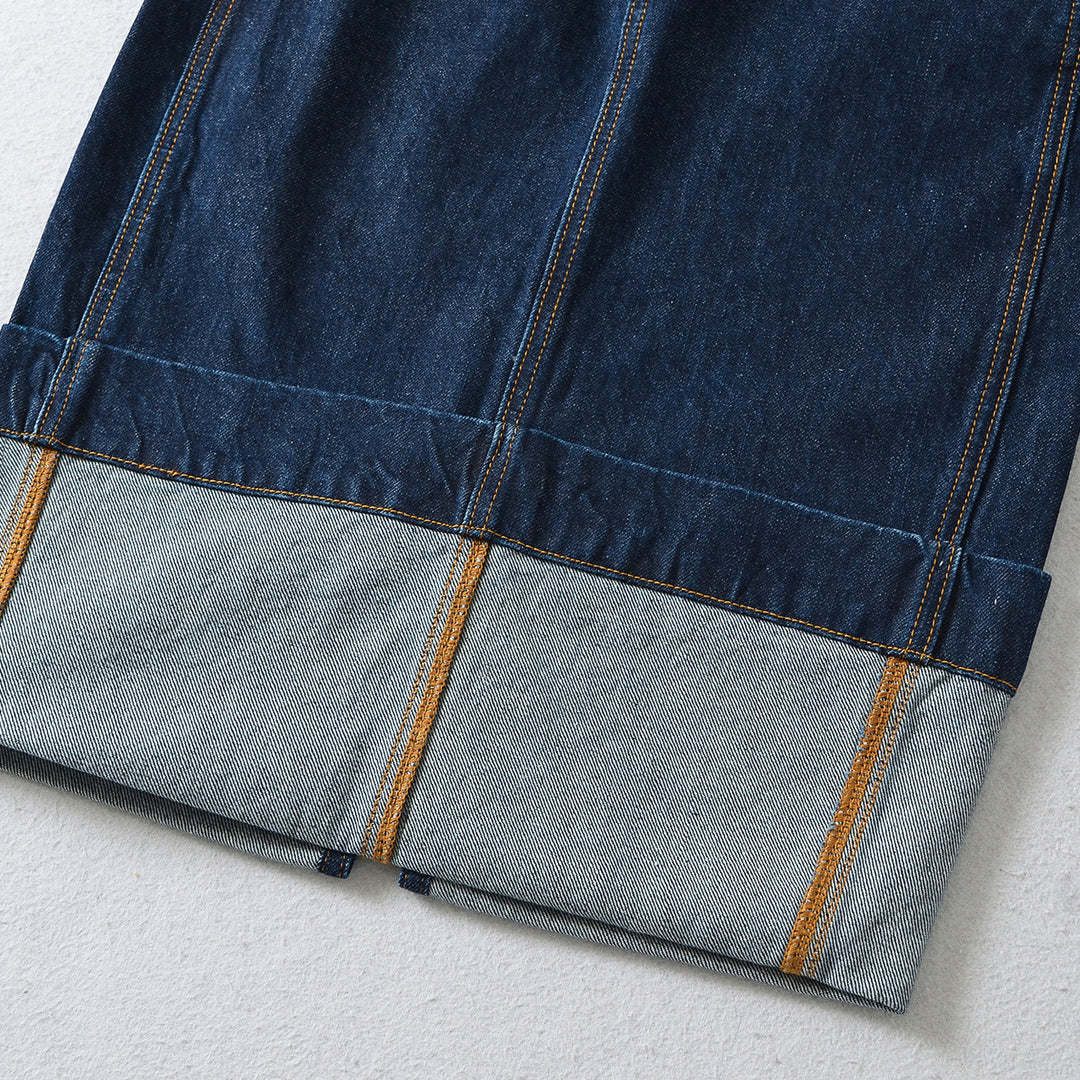 Women's High-Waisted Midi Skirt Made of Denim with Visible Seams and Turned-Up Hem Amarae