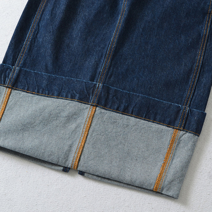 Women's High-Waisted Midi Skirt Made of Denim with Visible Seams and Turned-Up Hem Amarae