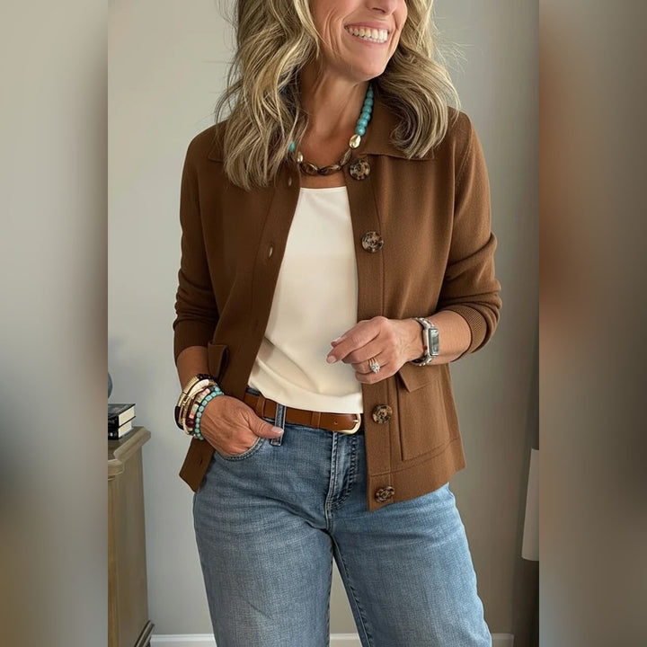 Women's short knitted cardigan with shirt collar, patch pockets, and horn buttons Amarae