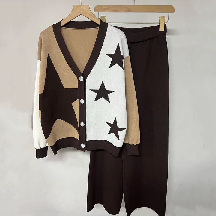 Lune London striking star pattern knit women's set with button details