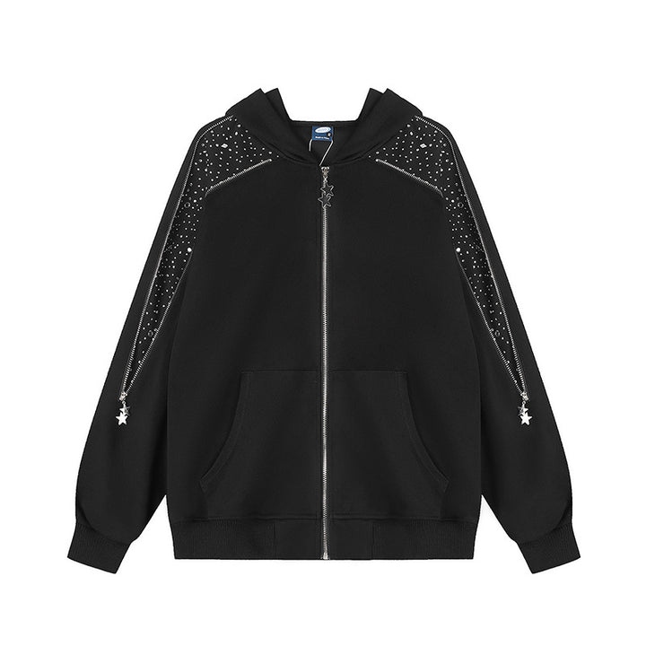 Women's hooded sweat jacket with decorative stone shoulder panel, star zipper, and oversized silhouette Amarae