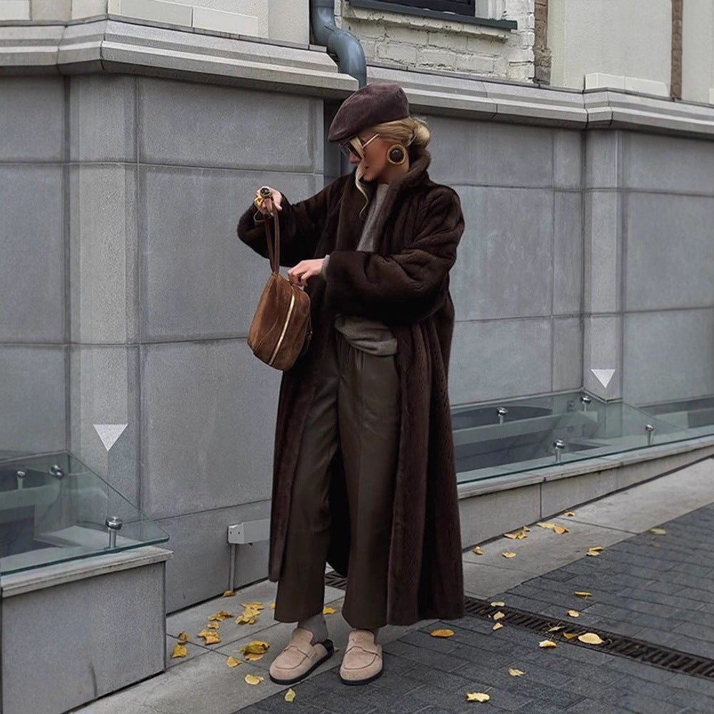Women Long Faux Fur Coat with Stand-Up Collar and Oversized Fit Amarae