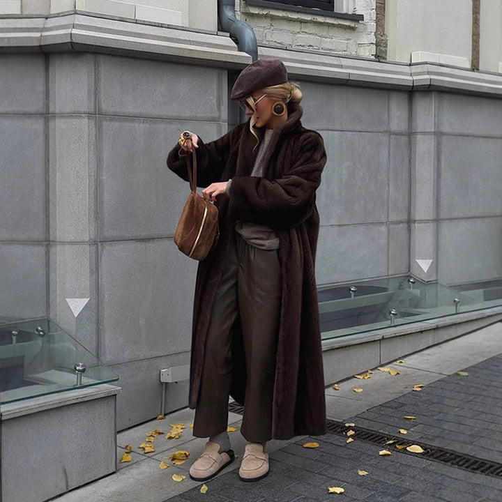 Women Long Faux Fur Coat with Stand-Up Collar and Oversized Fit Amarae
