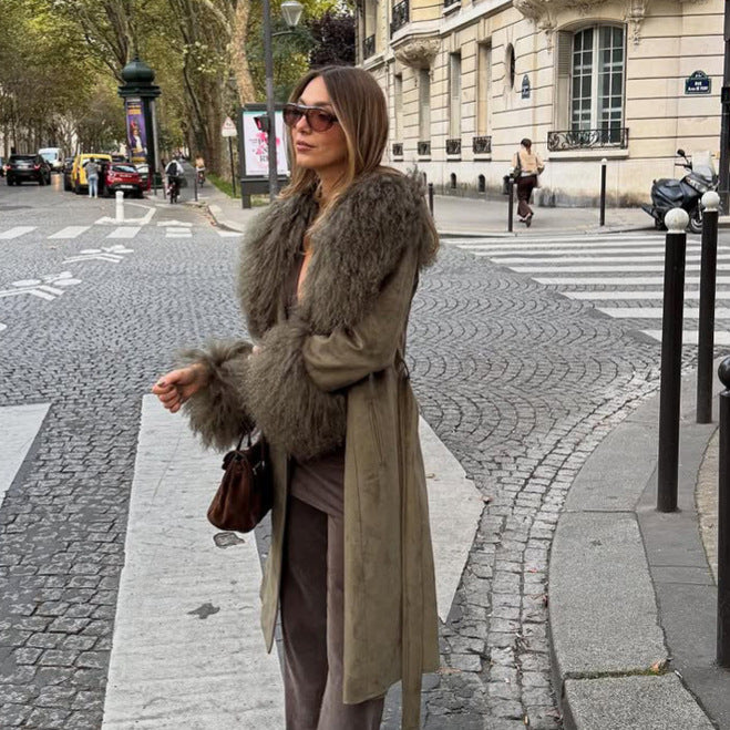 Women's Midi Length Tied Coat in Suede Look with Oversized Fur Collar and Voluminous Fur Cuffs Amarae