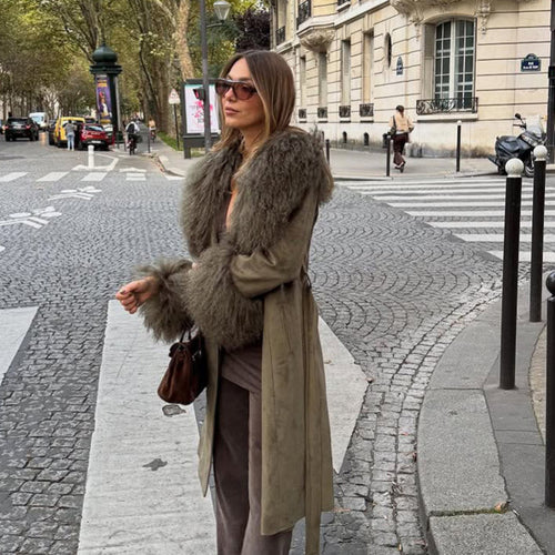 Women's Midi Length Tied Coat in Suede Look with Oversized Fur Collar and Voluminous Fur Cuffs Amarae