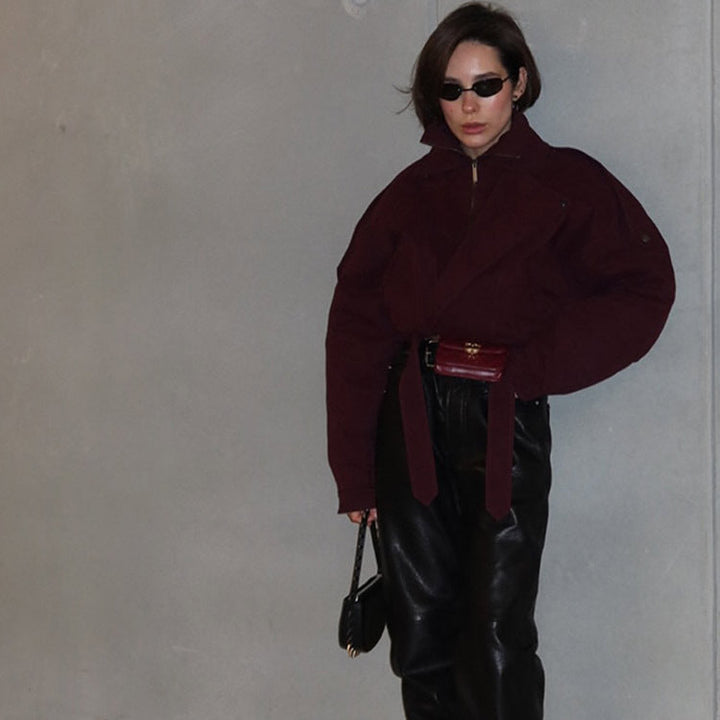 Ladies modern Oversized jacket with high collar and belt at the waist Lune London