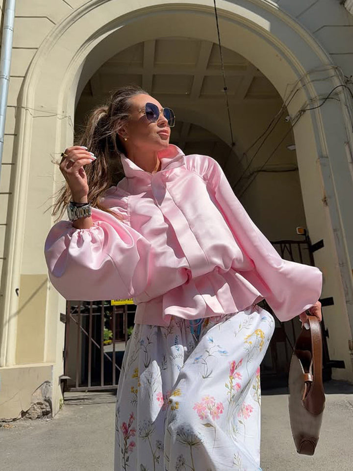 Women's satin blouse jacket with voluminous balloon sleeves, stand-up collar and fitted placket Amarae
