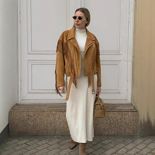 Suede jacket for women with fringe details and an adjustable belt Amarae