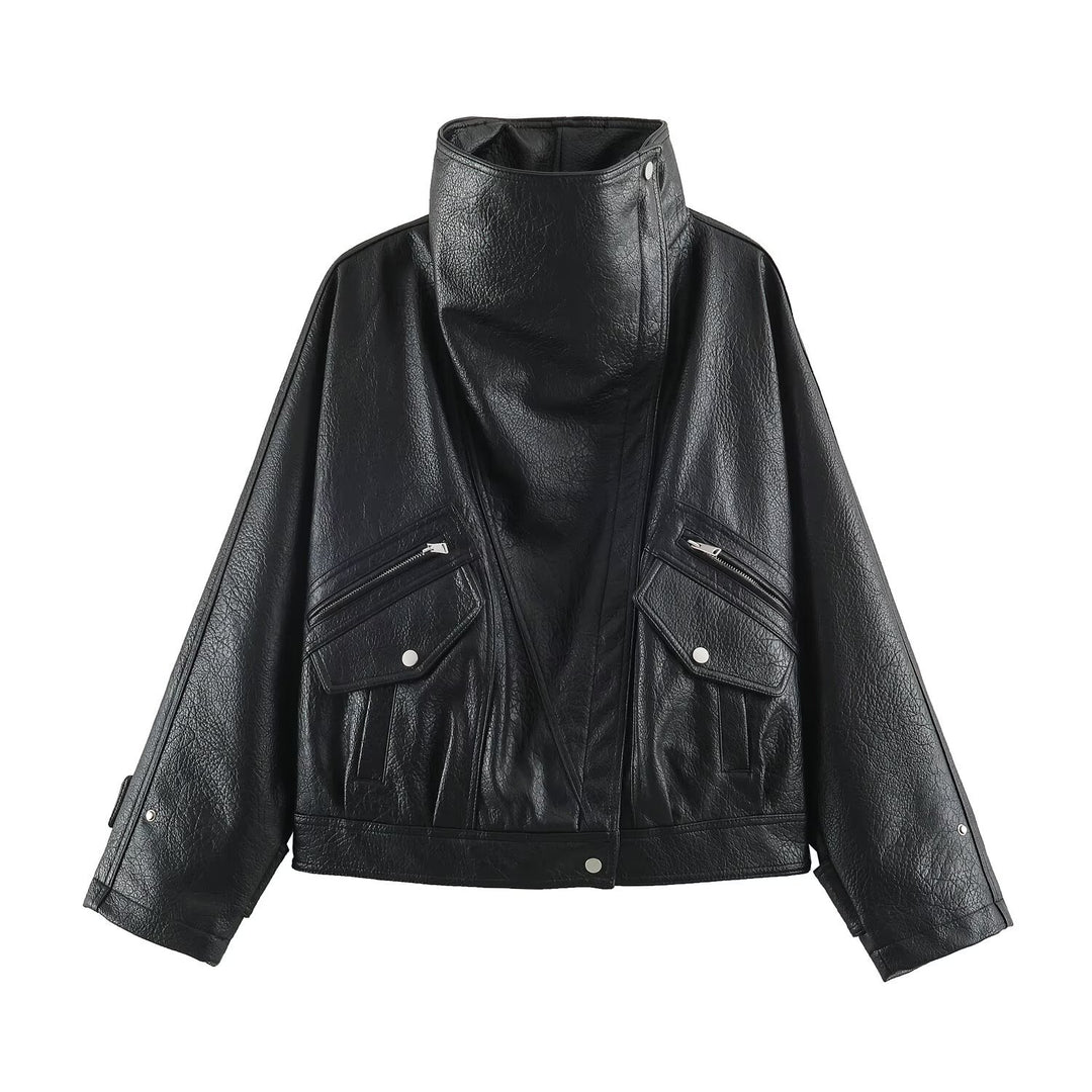 Women's Oversized Faux Leather Cape Jacket with High Standing Collar and Flap Pockets Amarae