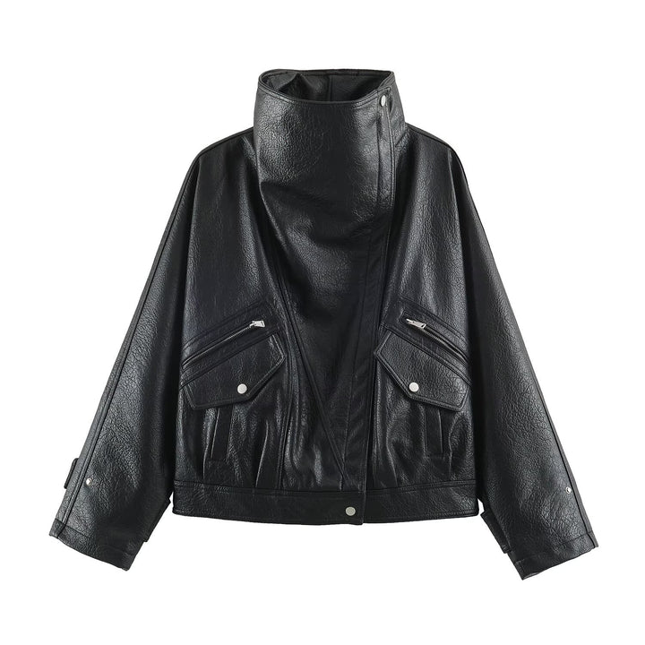 Women's Oversized Faux Leather Cape Jacket with High Standing Collar and Flap Pockets Amarae