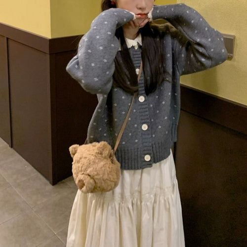Knitted jacket for women with ruffled collar and button details Amarae