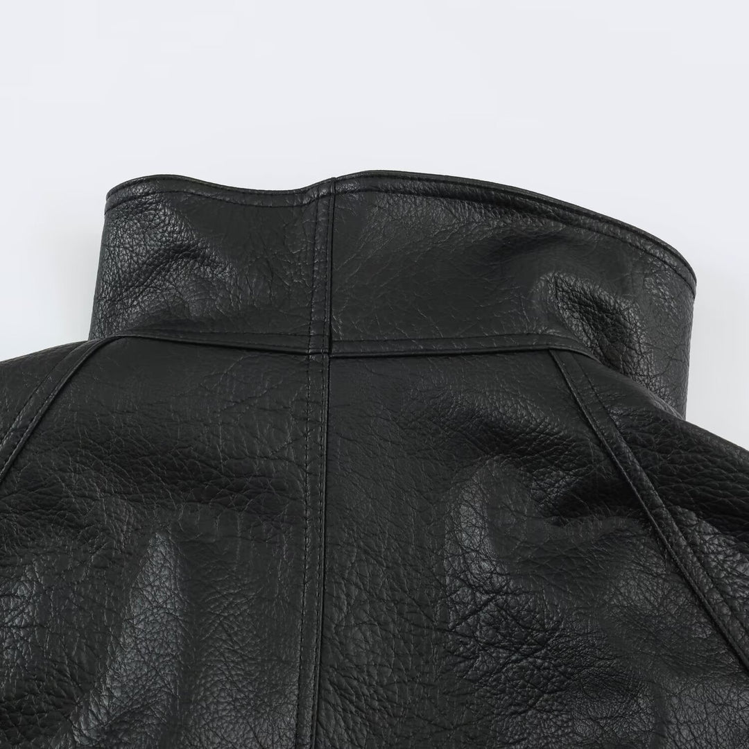 Women's Oversized Faux Leather Cape Jacket with High Standing Collar and Flap Pockets Amarae