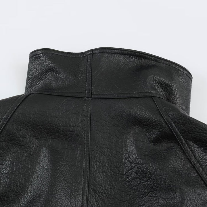 Women's Oversized Faux Leather Cape Jacket with High Standing Collar and Flap Pockets Amarae