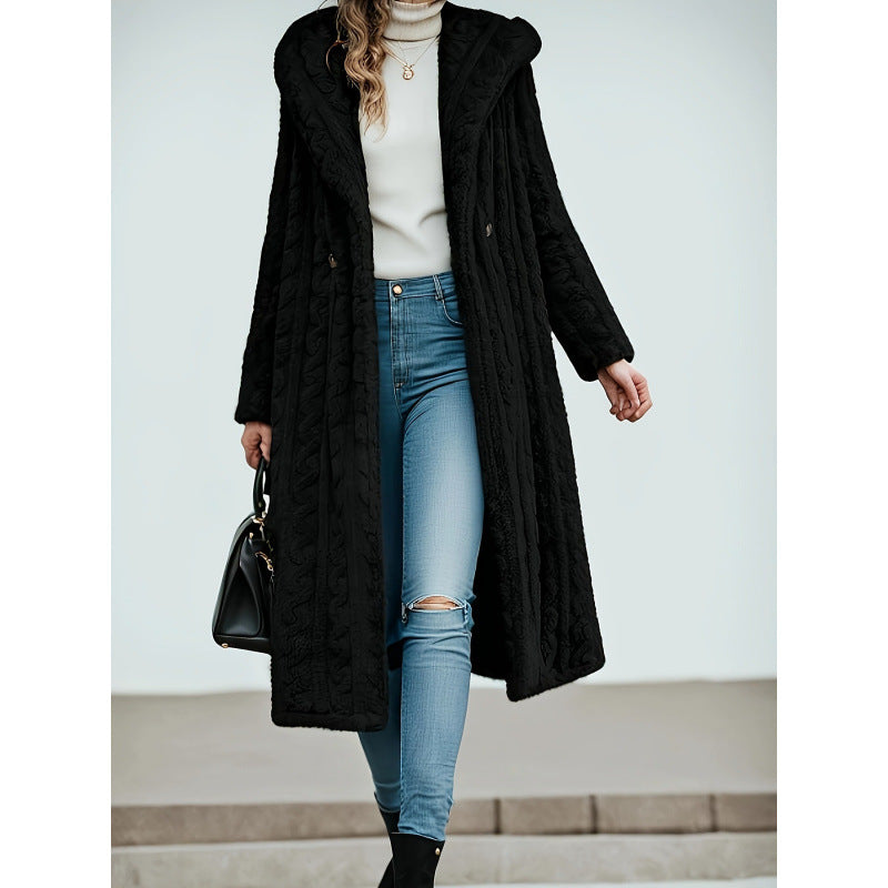Ladies Long Knit Coat with High Collar and Fluffy Texture Lune London